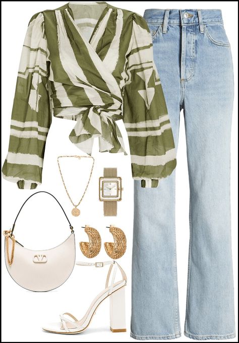 Brunch, summer look , wrap top , style ,outfit , wrap top outfit ,green top , green and white , straight leg jeans , white heels Cute Spring Outfits 2024, Streetwear Fashion Women Summer 2024, Summer Outfit Style, Summer Brunch Outfit, Fashion Casual Outfits, Women Summer Outfits, Summer Brunch, Casual Outfit Inspiration, Brunch Outfit