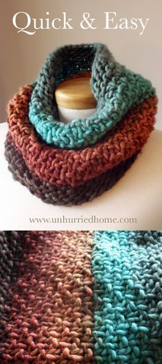 This quick and easy cowl uses the Three Turn Cowl knitting pattern from CreatingLaura.com; the yarn is Freia Handpaint Yarns' Super Bulky in Canyon. Knitting Cowl, Bulky Yarn Patterns, Knit Cowl Pattern Free, Knitting Gifts, Crochet Cowls, Cowl Knitting, Crochet Scarfs, Beginner Knitting, Knit Scarves