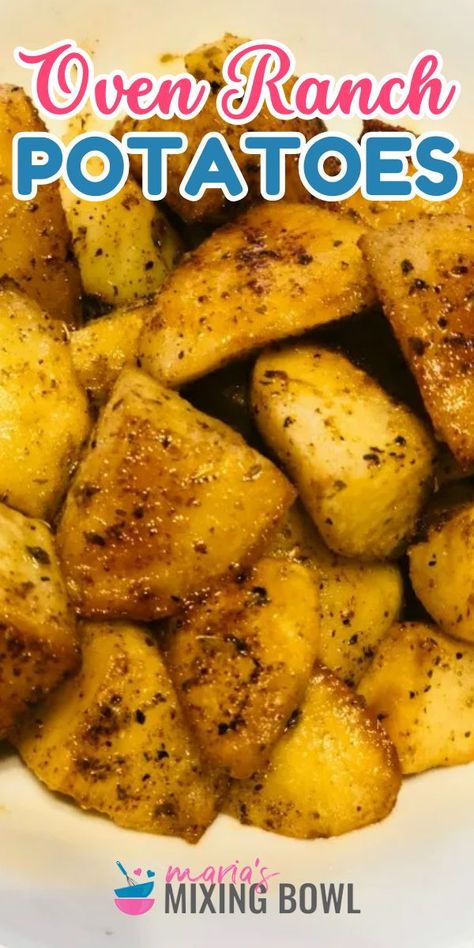 Your new favorite potato idea for dinner! Perfectly seasoned while being soft and tender with a crispy exterior, these Oven Ranch Potatoes are everything you want and more. Save this easy side dish recipe and enjoy dressing up plain roasted potatoes! Ranch Potato Wedges In Oven, Oven Roasted Potatoes Ranch Seasoning, Large Potato Recipe, Uses For Potatoes, Baked Seasoned Potatoes, Rebaked Potatoes Recipe, Box Potatoes Recipes, Recipe Using Potatoes, Oven Seasoned Potatoes