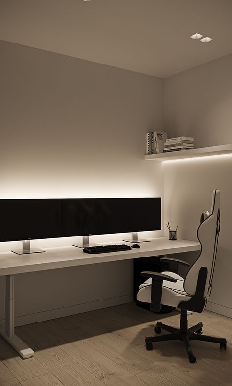 Black Minimalist Room, Minimalist Room Ideas, White Desk Setup, Living Room Hacks, Mens Bedroom Decor, Modern Home Offices, Home Studio Setup, Room Hacks, Men Home Decor