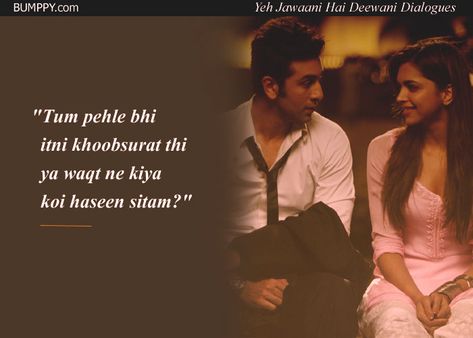 Hindi Dialogues, Yjhd Quotes, Romantic Dialogues, Love Dialogues, Bollywood Love Quotes, Filmy Quotes, Song Captions, Caption Lyrics, Famous Dialogues