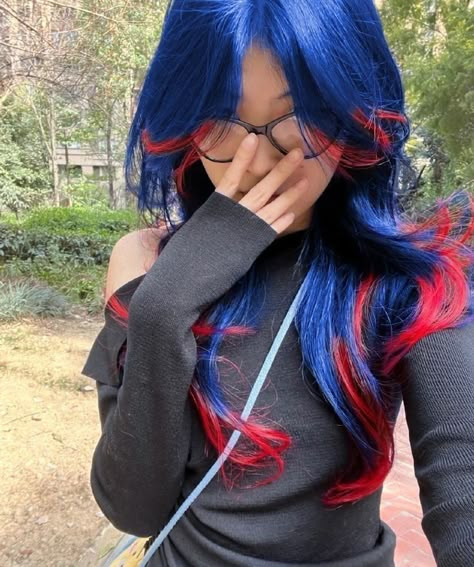 Colored Hair Outfits, Blue Hair With Red Highlights, Red And Blue Streaks In Hair, Red Hair Blue Highlights, Fox Dyed Hair Ends, Blue Bangs Hair, Red Hair With Blue Highlights, Matching Hair Color Couples, Blue Hair Dye Ideas