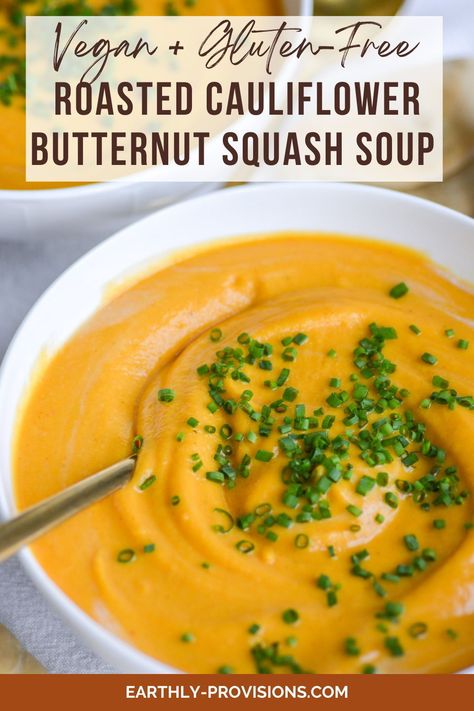 This Roasted Cauliflower and Butternut Squash Soup is velvety smooth, creamy and so easy to make! Its vegan, gluten-free and great for meal prep. Roasted Cauliflower And Butternut Squash Soup, Vegan Gluten Free Butternut Squash Soup, Butternut Squash Vegan Soup, Easy Vegan Butternut Squash Soup, Gut Healing Butternut Squash Soup, Creamy Broccoli Soup, Plant Based Soups, Easy Vegan Dessert, Vegan Soup Recipes