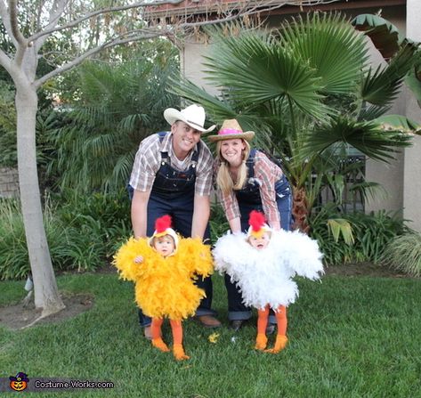 Farmer And Chicken Family Costume, Chicken And Farmer Halloween Costume, Family Farm Animal Halloween Costumes, Twin Halloween Costumes For Babies Girls, Farmer And Chicken Costume, Diy Chicken Costume Toddler, Chicken Family Costume, Twin Girl Halloween Costumes Baby, Farmer Family Halloween Costume