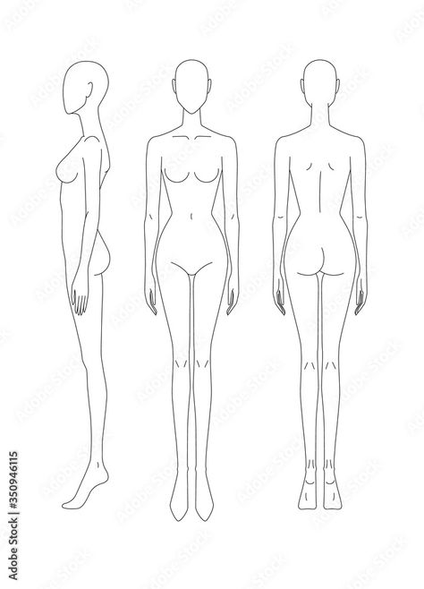 Sketch of the female body. Front, side and rear view. Female body template for drawing clothes. You can print and draw directly on sketches. Stock Vector | Adobe Stock Female Body Template, Sketch Female Body, Female Croquis, Sketch Female, Side View Drawing, Kaftan Pattern, Body Template, Model Sketch, Body Sketches