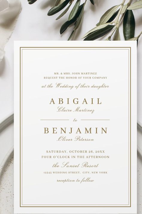 Elegant borders gold classy minimalist wedding invitation Classy Minimalist Wedding, Simple Elegance Wedding, Elegant Wedding Invitations Classy, Timeless Wedding Invitations, Classy Minimalist, Classy Wedding Invitations, Color Minimalist, Minimalist Wedding Invitation, Formal Wedding Invitations