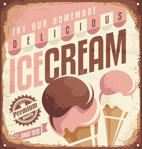 Retro Ice Cream, Cream Poster, Ice Cream Sign, Ice Cream Illustration, Old Fashioned Ice Cream, Ice Cream Poster, Logos Retro, Ice Cream Design, Ice Cream At Home