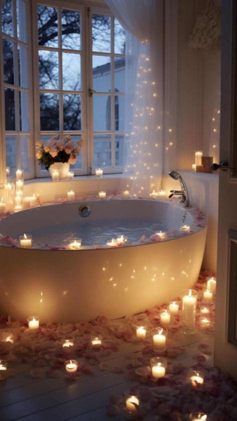 For busy couples looking for a sweet escape without leaving home, a romantic bath ticks all the boxes. It’s quick to set up, taking less than 15 minutes, and won’t break the bank. It’s perfect Rose Petal Bath Romantic, Bathtub Couple Romantic, Romantic Bubble Bath Ideas Couple, Romantic Bathroom Ideas Couples, Honeymoon Room Romantic, Romantic Bath Ideas For Couples, Romantic House Decor, Jacuzzi Date, Romantic Bath Ideas