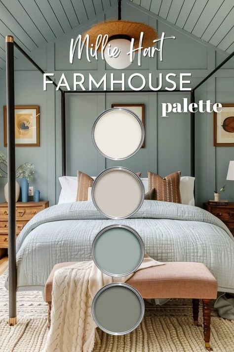 Meet the stunning new nine-color Farmhouse paint palette, inspired by timeless style, and elevated with fresh hues. Featuring gorgeous shades from Sherwin Williams, this collection blends warmth with modern flair, offering fresh and cozy options that breathe life into any room. Ready for a home makeover? 

#InteriorDesign #FarmhouseStyle #SherwinWilliams #FarmhouseColorScheme #milliehartinteriors ##PaintColorIdeas #CozyFarmhouse #ModernFarmhouse ##FarmhousePaintPalette #willowleaf #agreeablegray Paint Color Marshmallow, Sherrington Williams Oyster Bay, Green Greige Paint, Dunn Edwards Heather Paint Color, Dustblu Sherwin Williams Bedroom, Farmhouse Cream Paint Colors, Light Tan Paint Colors Sherwin Williams, Cozy House Colors, Sherwin Williams Oyster Bay Exterior