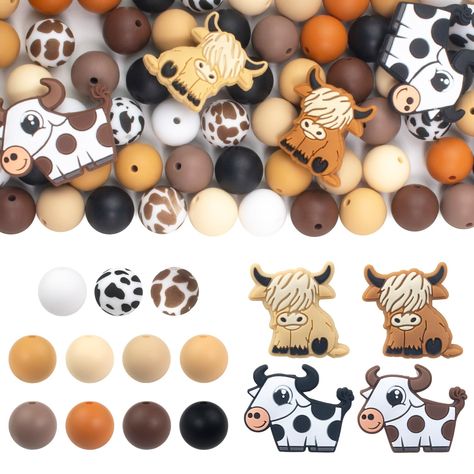 PRICES MAY VARY. 【15mm Silicone Beads Collection】 This bulk assorted silicone beads includes 4 pieces highland cow focus beads, 4 pieces of black and white cow print beads, 4 pieces of brown cow print beads, and 9 different solid colors of silicone beads, totaling 70 pieces. Each bead has a diameter of 15mm with an approximate hole size of 2mm. The beads are conveniently housed in a clear plastic box for easy storage. This set offers great value and variety for your crafting needs. 【Premium Sili Black And White Cow Print, Brown Cow Print, White Cow Print, Beads For Bracelets, Keychain Making, Beads Collection, Pen Diy, Craft Eyes, Friend Crafts