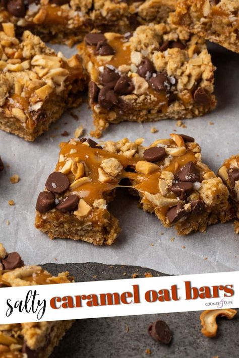 Caramel oat bars are the best sweet-salty treat made from chewy oatmeal cookie bars topped with ooey salted caramel, chocolate, and cashews. Chewy Cookie Bars, Chewy Oatmeal Cookie, Oatmeal Cookie Bars, Caramel Desserts, Salty Treats, Oatmeal Cookie, Oat Cookies, Salted Caramel Chocolate, Oat Bars