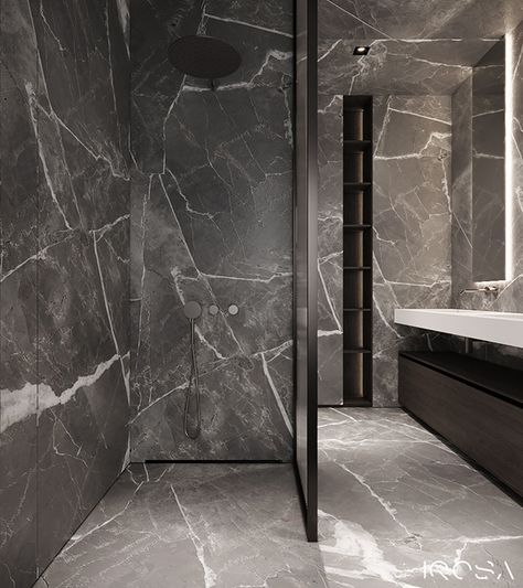 Grey tints apartment - Dezign Ark (Beta) Grey Marble Bathroom, Marble Bathroom Designs, Ideas Baños, Washroom Design, Bathroom Design Luxury, Marble Bathroom, Grey Marble, House Bathroom, Shower Design