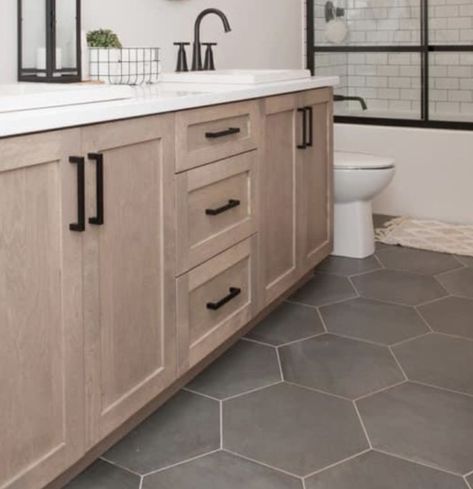 Natural Cabinets Bathroom, Stained Wood Vanity, Light Wood Vanity Bathroom Farmhouse, Light Brown Bathroom Vanity, Bathroom Tile With Wood Vanity, Tan Vanity Bathroom, Light Brown Vanity Bathroom, White Oak Master Bath, Natural Wood Bathroom Vanity With Black Hardware