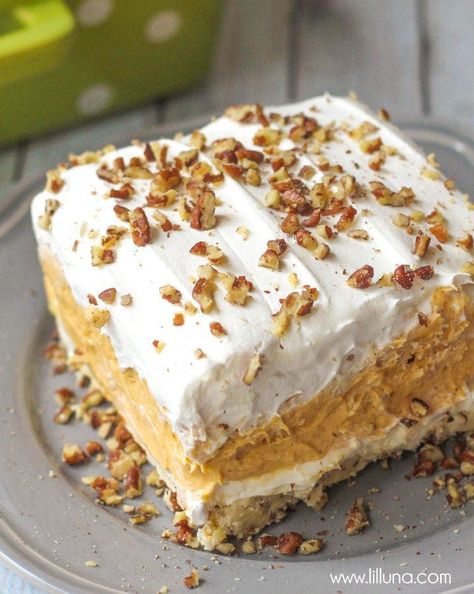 Tasty 4 layer pumpkin delight dessert starts with a crunchy pecan crust topped with creamy pumpkin, cream cheese, and whipped cream layers! Pumpkin Delight Dessert Recipe, Pumpkin Lasagna Dessert, Layered Pumpkin Dessert, Healthy Pumpkin Dessert, Delight Dessert, Pumpkin Lasagna, Pumpkin Delight, Pumpkin Pudding, Layered Desserts