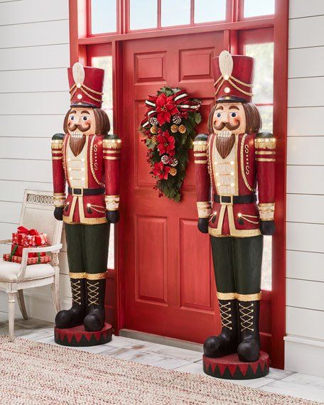 Horchow Holiday and Entertaining Sale! 25% Off Christmas Decor, Stockings, Ornaments, Dining Furniture and More! Porch Garland Ideas, Christmas Garland For Front Door, Front Porch Garland, Large Outdoor Christmas Ornaments, Porch Garland, Christmas Toy Soldiers, Soldier Christmas, Nutcracker Christmas Decorations, Garland Ideas