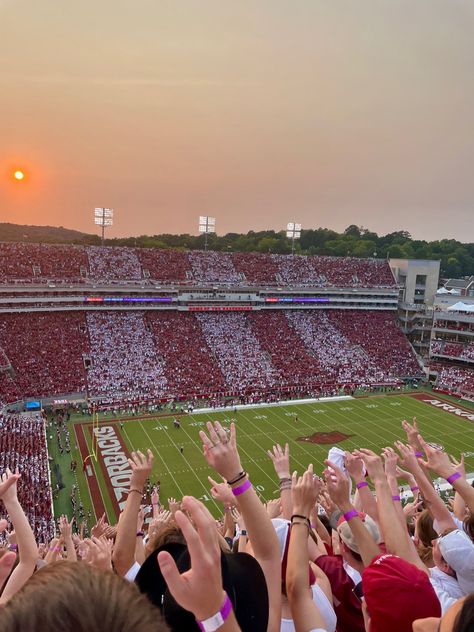 #arkansas #sunset #football #uark #college #sports Us College Aesthetic, Fayetteville Arkansas Aesthetic, College Sports Aesthetic, University Of Oklahoma Aesthetic, University Of Arkansas Aesthetic, Ou Aesthetic, Arkansas Aesthetic, College Football Aesthetic, Ou College