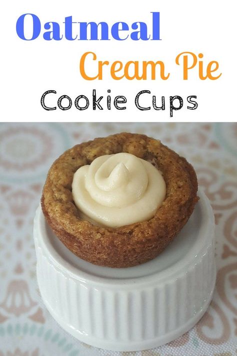 A delicious new take on the oatmeal cream pie cookie.  This recipe for oatmeal cream pie cookie cups is surprisingly easy and uses a muffin tin to bake the cookie cups.  The cups are then filled with a yummy frosting center. #cookies #recipe #kidapprovedrecipe Oatmeal Cookie Cups, Oatmeal Cream Pie, Pie Muffins, Oatmeal Creme Pie, Delicious Oatmeal, Homemade Cookie, Desserts Cookies, Oatmeal Cream Pies, Pie Cookies