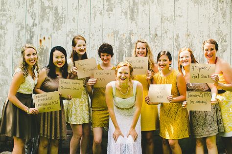 how they met the bride! Feminist Wedding, Groomsmen Colours, Matching Bridesmaids, Mismatched Bridesmaids, Offbeat Bride, Bridesmaids And Groomsmen, Shades Of Yellow, Barn Wedding, This Moment