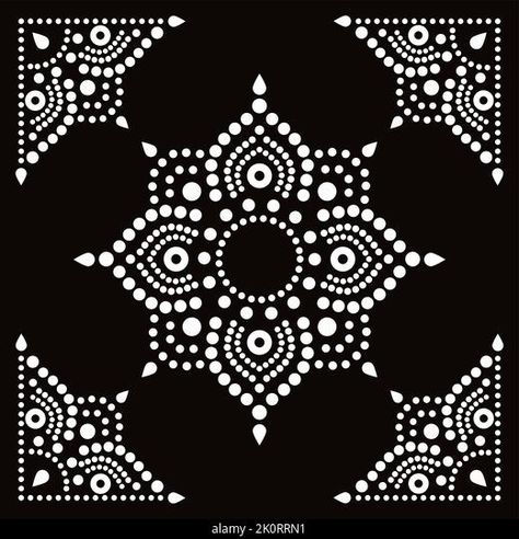 Aborignal style floral mandala with corners dot painting vector design, Australian folk art square composition in white on black background Dot Mandala Corner Design, Mandala On Black Background, Black And White Dot Painting, Square Dot Mandala Design, Black And White Dot Mandala, Dot Painting Square, Square Dot Mandala, Dot Art Patterns, Square Mandala Design