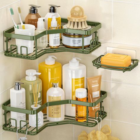 PRICES MAY VARY. Larger Storage Space: 3 pack shower caddy makes full use of corner space and has a larger capacity,making it easier to hold heavier bath products. The shower organizer has 8 hooks to hang brushes,sponges and razors,the soap holder can store small items Easy Installation: No drilling, no tools needed. Find the 90° corner of the wall, clean and keep it dry, hang the shower organizer corner on the back sticker and leave it for 24 hours before placing items Premium Metal Material: C Shower Caddy Wall Shelves, Washcloth Storage In Shower, Bathroom Shower Shelves Corner, Claw Foot Tub Bathroom Storage, Ikea Shower Caddy, Green And White Bathroom Shelves, Shower Organizer Basket, Shower Towels Storage, Shower Box Shelves