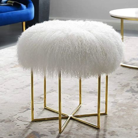 Faux Fur Ottoman, Fur Stool, Mid Century Vanity, Fur Ottoman, Bedroom Stools, Vanity Seat, Practical Furniture, Mirrored Vanity, Dressing Chair