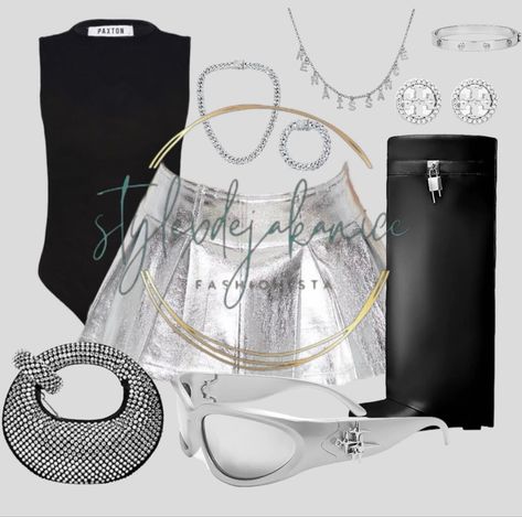 Black And Silver Outfits Black Women, Sliver Outfit Ideas Black Women, Silver Knee High Boots Outfit, Silver Skirt Outfit Black Women, Metallic Skirt Outfit Black Women, Chrome Outfit Black Women, Silver Boots Outfit Black Women, Silver Outfit Black Women, Silver Accessories Outfit