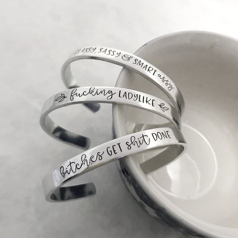 Handmade and customizable funny swear word bracelet gifts for friends Business Merch, Metal Stamping Diy, Snake Ring Gold, Hand Jewelry Rings, Inspired Bracelets, Silversmithing Jewelry, Bad Words, Metal Stamped Jewelry, Swear Word