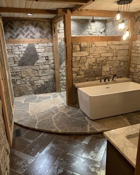 peter trenkenschuh on Instagram: “#barnhomes #silohouse #barnhouse #mancave #barndominium #barnhousestyle #barns #barnlife #farmlife #farm #countryliving #countrycottage…” Cabin Bathrooms, Natural Stone Wall, Rustic Bathroom Designs, Rustic Bathrooms, Barn Style House, Interior Modern, Dream Bathrooms, Barn House Plans, Rustic Bathroom