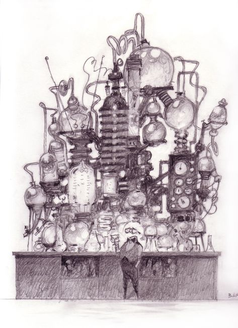 Laboratory Concept Art, Scenic Design Sketch, Armand Serrano, Hotel Transylvania 2012, Character Sketchbook, Wizard House, Sony Pictures Animation, Library Hotel, The Invisible Man