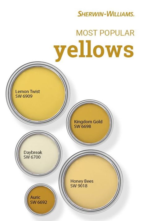 Have you ever wondered which Sherwin-Williams yellow paint colors are the very best sellers? These beautiful hues all make the list. Tap this pin to find the right color for your next DIY painting project. #sherwinwilliams #asksherwinwilliams #paintinspiration #paint #diy #yellow #yellowpaint Yellow Paint Colors Sherwin Williams, Popular Yellow Paint Colors, Mustard Yellow Paint Colors, Paint Colors Sherwin Williams, Mustard Yellow Paints, Yellow Painted Walls, Bold Paint Colors, Yellow Paint Colors, Paint Color Inspiration