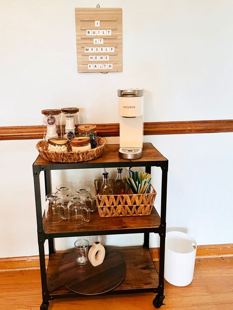 Home Office Drink Station, Coffee Cart Office, Mini Coffee Cart Ideas, Bar Cart Tea Station, Coffee And Tea Cart, Bar And Coffee Cart, Dorm Coffee Cart, Small Office Coffee Station, Coffee Cart Aesthetic