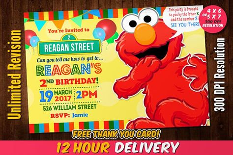 Elmo Birthday Invitation with FREE Thank You Card Sesame Elmo Pictures, Elmo Invitations, Elmo Birthday Invitations, Sesame Street Birthday Invitations, Sesame Street Invitations, Picture Invitations, Invitation 1st Birthday, Paw Party, 1st Birthday Invite