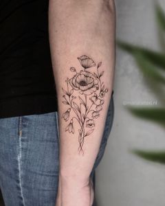 Poppy, Lily of the Valley and Snowdrop. Birth flowers for Monique 🌸🖤 by Maria Tattoo Lily Of The Valley Poppy Tattoo, Lily Of The Valley And Poppy Tattoo, Poppy And Lily Of The Valley Tattoo, Snowdrop Flower Tattoo, Maria Tattoo, Valley Tattoo, Tattoo Board, Poppies Tattoo, Tasteful Tattoos