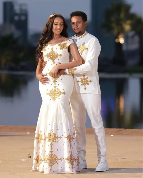 Melkam Fasika Ethiopian, Ethiopian Wedding Dress, African Print Wedding Dress, Couples Clothes, Eritrean Dress, Sketches Design, Couples African Outfits, Dapper Gentleman Style, Best Man's Outfit