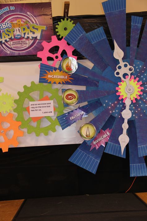 Gears, time decor ideas... Time Travel Art For Kids, Time Travel Theme Ideas, Time Travel Party Decorations, Time Travel Decorations Vbs, Time Travel Decorations, Physics Lab Decoration Ideas, Time Machine Decorations, Time Illustration Art, Avengers Party Decorations