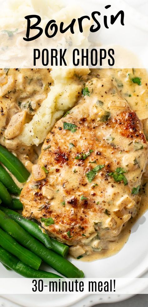 a plate with a pork chop in sauce, green beans, mashed potatoes, and text overlay that reads boursin pork chops - 30 minute meal! Cheese Dinner Recipes, Boursin Recipes, Pork Entrees, Cheese Dinner, Recipes Pork, Pork Chop Recipes Baked, Pork Chop Dinner, Boursin Cheese, Pork Loin Recipes