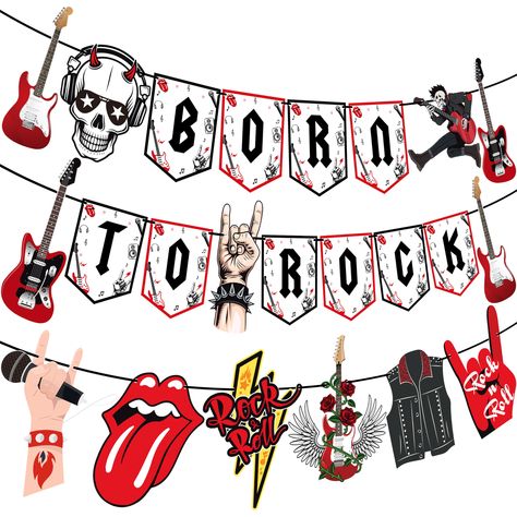 PRICES MAY VARY. ❤【Born to rock party banners】There are 3pcs born to rock party banners in this package, three banners are divided into 1pcs 'BORN', 1pcs 'TO ROCK' and 1pcs rock themed cutout banner. A total of three banners and all pre-strung, received products can be used directly, saving you a lot of time. ❤【Special design rock theme birthday decoration】This born to rock hanging decoration is not only perfect size but also unique design. Each letter of "BORN TO ROCK" is designed with rock ele Acdc Party, Born To Rock Party, Rock Party Decorations, Music Theme Party, Rock And Roll Party, Rock And Roll Birthday Party, Born To Rock, Rock And Roll Birthday, Boy 16th Birthday