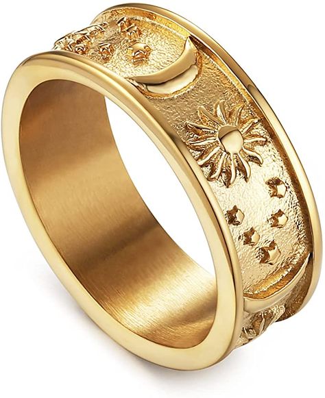 HZMAN 8mm Moon Star Sun Statement Ring Stainless Steel Boho Jewelry for Women Men (Gold, 10)|Amazon.com Star Couple, Rings Star, Bohemian Style Men, Sun Design, Men Rings, Sun Moon Stars, Sun Designs, Matching Ring, Fidget Rings