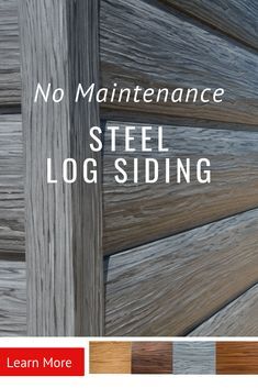 Faux Log Siding Exterior, Barnwood Exterior Siding, Rustic Cabin Siding Ideas, Fake Log Siding Exterior, Cabin Makeover Exterior, Metal Siding On House, Steel Siding That Looks Like Wood, Wood Grain Siding Exterior, Woodgrain Metal Siding