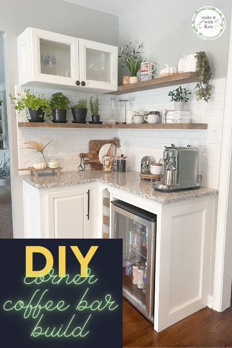 This diy corner coffee bar build includes base cabinets, a wine fridge surroung, floating shelves, backsplash and more. Corner Kitchen Cabinet Coffee Bar, Coffee Bar In Corner Of Kitchen, Corner Coffee Bar Cabinet, Kitchen Coffee Bar With Sink, L Shaped Coffee Bar Ideas, Bar Corner In Kitchen, Corner Kitchen Coffee Station, Corner Cabinet Coffee Bar Ideas, Corner Bar With Fridge