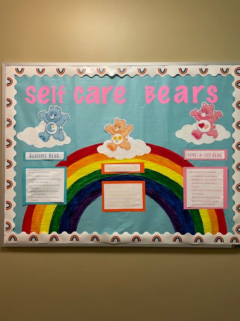 Self Care Bear Bulletin Board, Wellness Center Bulletin Board, Ra Programs College, Care Bear Door Decs, Diversity Events College, Bored Board Nursing Home, Ra Welcome Back Bulletin Boards College, Self Care Bulletin Board Ideas, Care Bears Bulletin Board