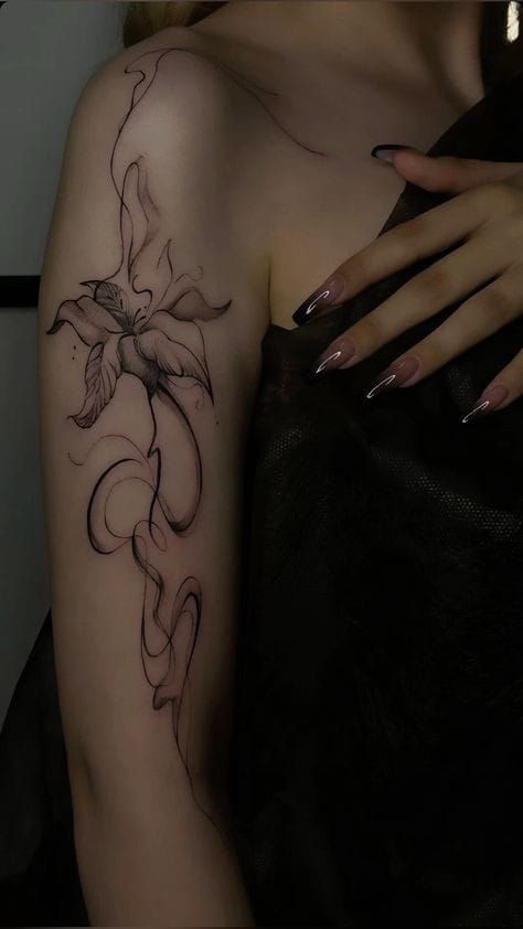 Wrist And Arm Tattoos, Colored Abstract Tattoo, Shoulder To Wrist Tattoo, Stippling Art Tattoo, Aesthetic Arm Sleeve Tattoos, Aesthetic Tattoo Inspiration, Pretty Tatoos Woman, Romantic Style Tattoo, Swirl Tattoos For Women