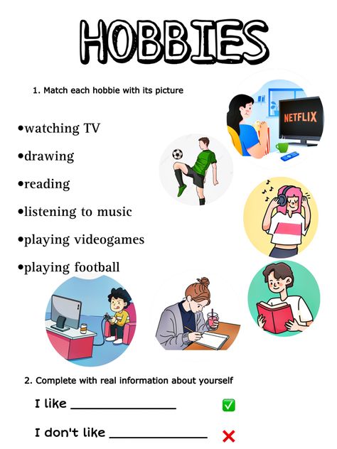 Like/ don’t like 
hobbies in English Hobbies Worksheet English, Hobbies Worksheet For Kids, English Grammar Games, English For Kids, Grammar Games, Go To The Cinema, English Exercises, Hobbies For Kids, Math Word Problems