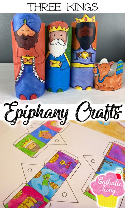 These three kings crafts are perfect to teach kids about the Bible story on the Epiphany! So many fun and free printables here as well as other crafts. #epiphany #catholicepiphany #kingcraft #3kings #3kingsday #twelfthnight #christiancraft Catholic Epiphany Crafts, Gold Frankincense And Myrrh Props, Wise Men Craft For Kids Sunday School, Epiphany Crafts For Kids Sunday School, Epiphany Lessons For Kids Sunday School, 3 Kings Craft For Kids, Three Kings Day Decorations, Wiseman Crafts For Kids, 3 Wisemen Craft