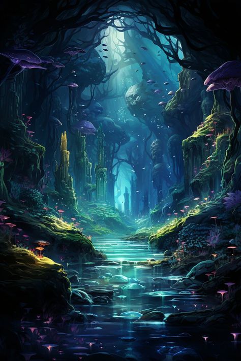 Fantasy Background Magic Scenery, Fantasy Landscape Art, Underground Lake, Download Anime, Mystical Places, Fantasy Background, Mystical Forest, Fantasy Forest, Mystical World