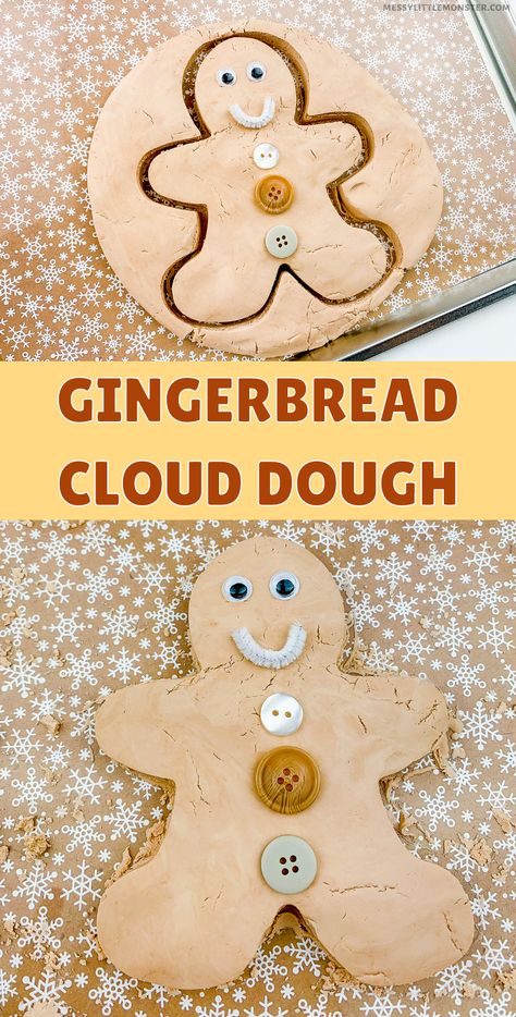 Gingerbread Cloud Dough, Gingerbread Playdough, Gingerbread Play Dough, Sensory Play Recipes, Gingerbread Man Crafts, Gingerbread Unit, Gingerbread Man Activities, Gingerbread Activities, Cloud Dough