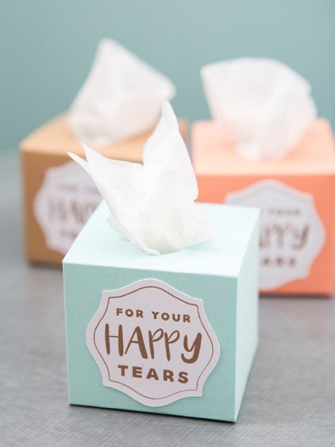 DIY Mini Wedding Tissue Boxes – DIY Weddings For Your Happy Tears, حفل توديع العزوبية, Wedding Tissues, Cricut Wedding, Mini Wedding, Happy Tears, Unique Wedding Favors, Wedding Party Favors, Cricut Explore