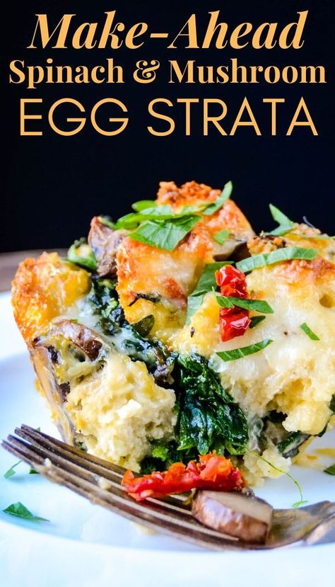 Vegetarian Strata, Mushroom Strata, Unique Breakfast Ideas, Spinach Strata, Strata Recipes Breakfast, Vegetarian Breakfast Casserole, Strata Recipe, Unique Breakfast, Mushroom Breakfast