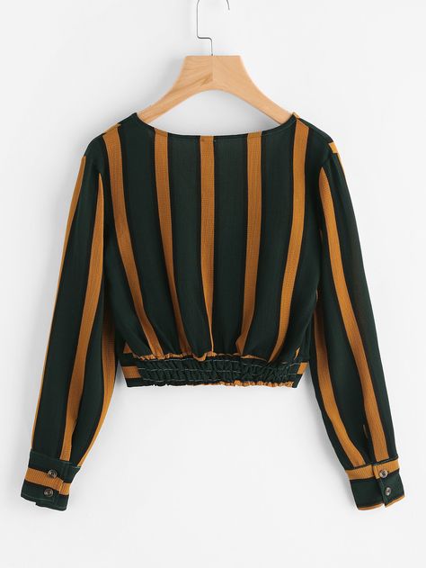 V Neckline Striped Surplice Crop Top -SheIn(Sheinside) Fancy Tops, Fashion Tops Blouse, Trendy Fashion Tops, Stylish Dresses For Girls, Crop Top Outfits, Fashion Attire, Stylish Dress Designs, 여자 패션, Girls Fashion Clothes