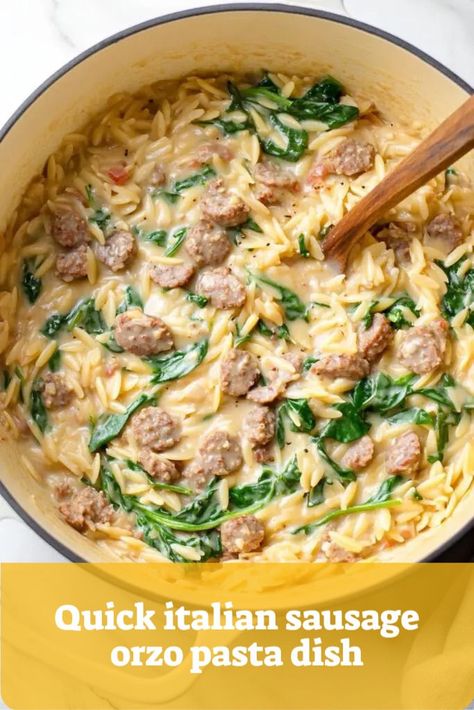 Fast and easy Italian sausage orzo pasta dish, perfect for weeknight dinners with Italian sausages and pasta. Italian Sausage Pasta Recipes, Italian Sausage Orzo, Chicken Thighs Slow Cooker Recipes, Pasta Italian Sausage, Italian Sausage Pasta Bake, Simple Weeknight Dinners, Pasta Recipes Quick, Sausage Orzo, Pasta With Italian Sausage